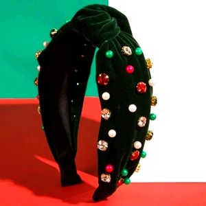 Green velvet headband with stones and pearls